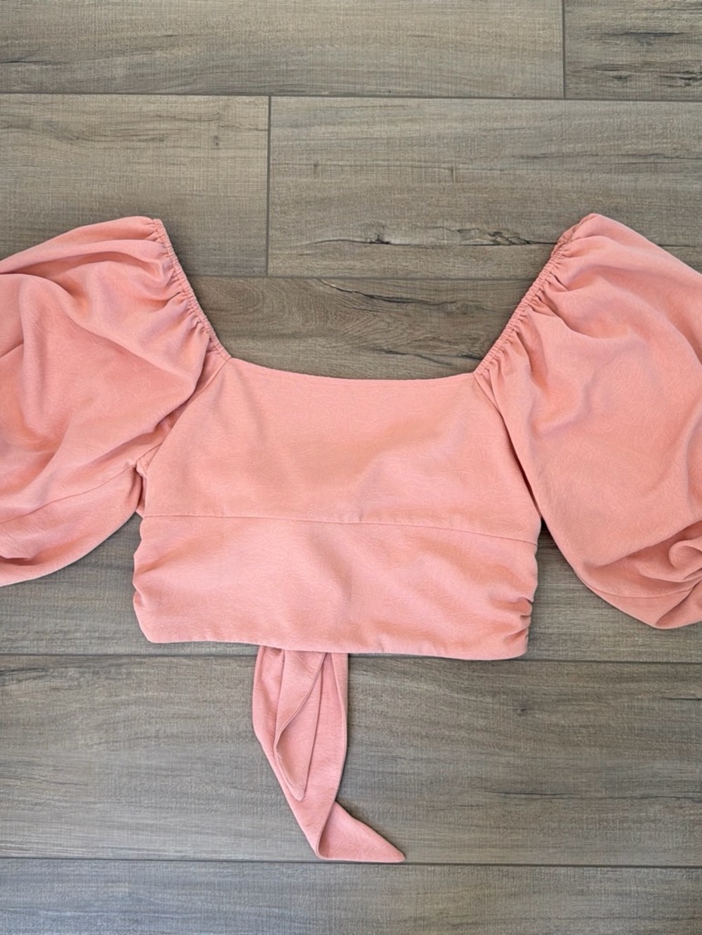 Pink Puff-Sleeve Cropped Top with Tie Front